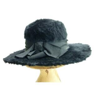 Vintage Black Edwardian Angora Fur Hat with Ribbon Bow Merrimac